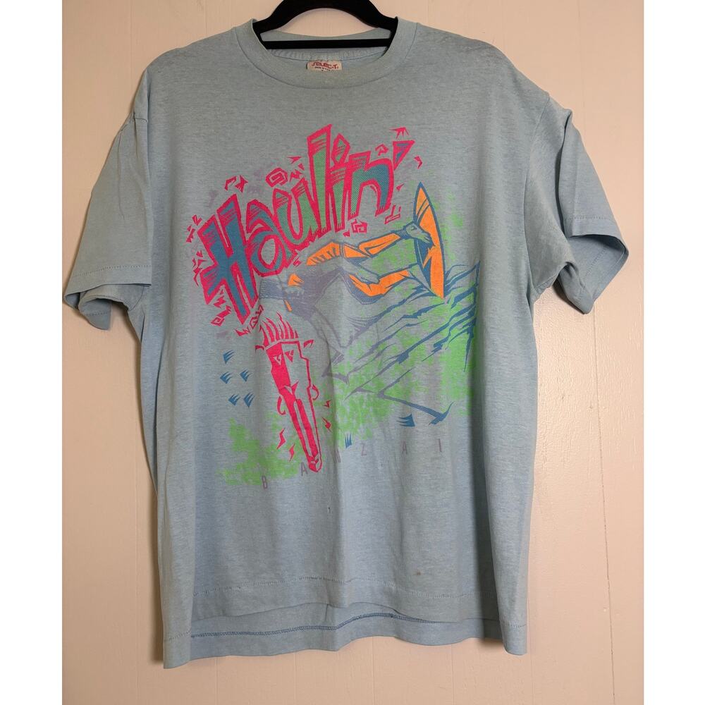 Selec-T Vintage 80s Haulin' Surfer Surfboard XL Neon Print Shirt